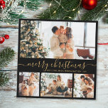 Elegant Black and Gold 4 Photo Collage Christmas Holiday Card<br><div class="desc">Elegant Calligraphy Minimalist Black and Gold 4 Photo Collage Merry Christmas Script Holiday Card. This festive, mimimalist, whimsical four (4) photo holiday card template features a pretty photo collage and says „Merry Christmas”! The „Merry Christmas” greeting text is written in a beautiful hand lettered swirly swash-tail font type in gold...</div>