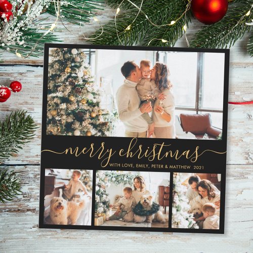 Elegant Black and Gold 4 Photo Collage Christmas Holiday Card