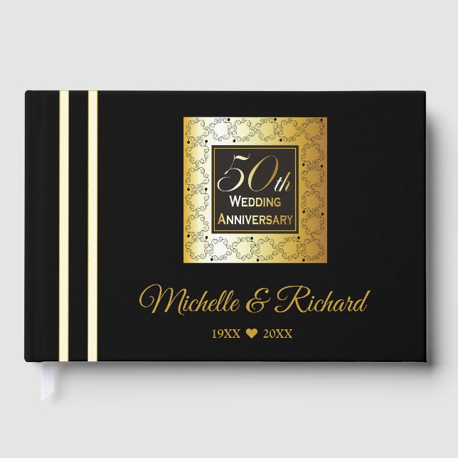 Elegant Black And Gold 50th Anniversary Photo Foil Guest Book (Front)