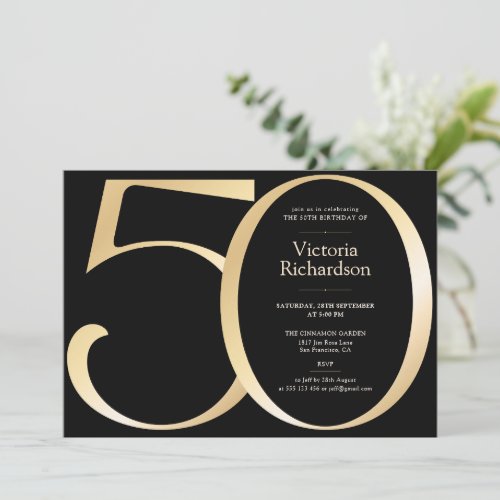 Elegant Black and Gold 50th Birthday Invitation