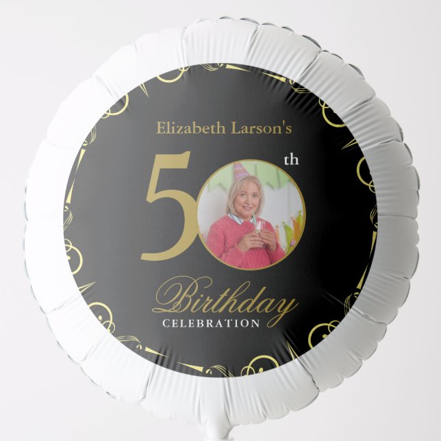Elegant Black and Gold 50th Birthday Invitation Balloon (Front)
