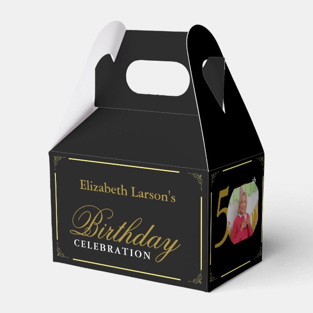 Elegant Black and Gold 50th Birthday Invitation Favor Boxes (Front Side)