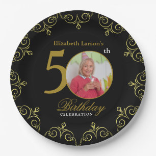 Elegant Black and Gold 50th Birthday Invitation Paper Plates