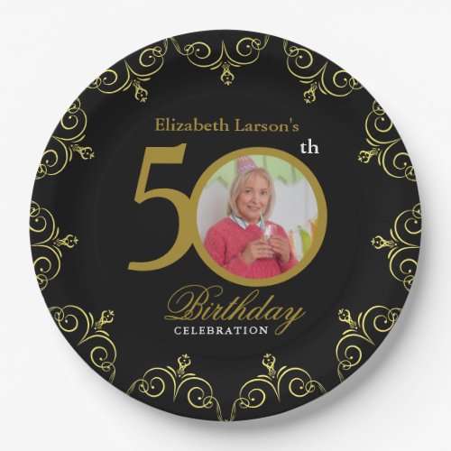 Elegant Black and Gold 50th Birthday Invitation Paper Plates