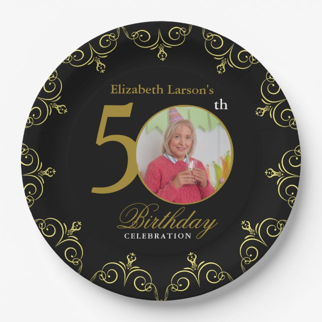 Elegant Black and Gold 50th Birthday Invitation Paper Plates (Front)