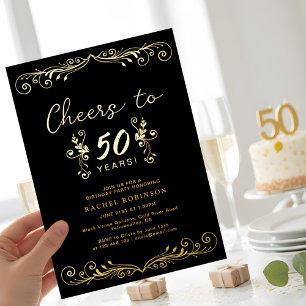 Elegant Black and Gold 50TH Birthday Party Foil Invitation