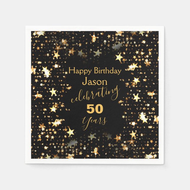 Elegant Black and Gold 50th Birthday Party Napkins (Front)
