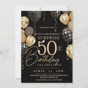 Elegant Black and gold 50th Photo Birthday Invitation