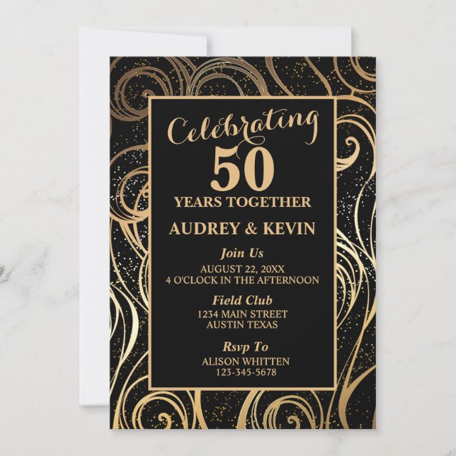 Elegant Black and Gold 50th Wedding Anniversary Invitation (Front)