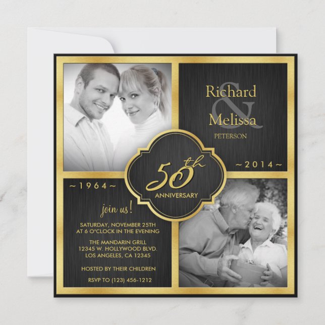 Elegant Black and Gold 50th Wedding Anniversary Invitation (Front)