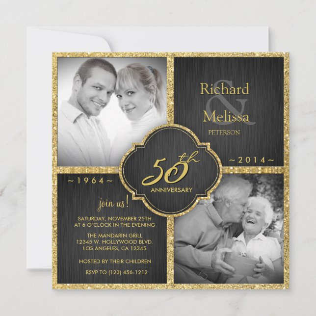 Elegant Black and Gold 50th Wedding Anniversary Invitation (Front)