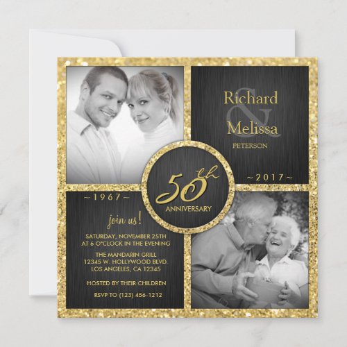 Elegant Black and Gold 50th Wedding Anniversary Invitation