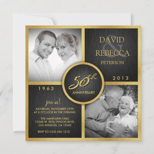 Elegant Black and Gold 50th Wedding Anniversary Invites