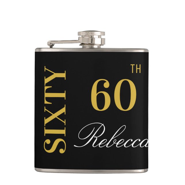 Elegant Black and Gold 60th Birthday Custom  Flask (Front)