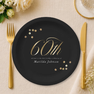 Elegant Black and Gold 60th Birthday Party Paper Plates