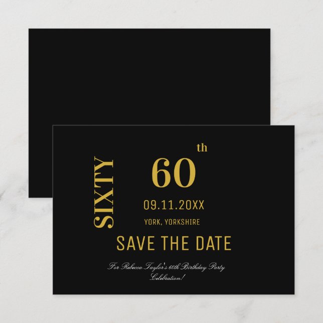 Elegant Black and Gold 60th Birthday  Save The Date (Front/Back)
