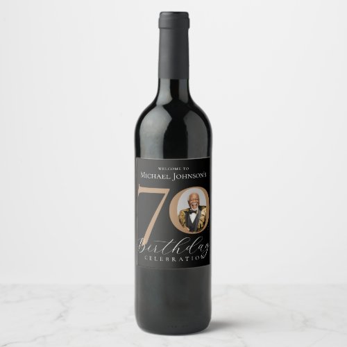 Elegant Black and Gold 70th Birthday Wine Label