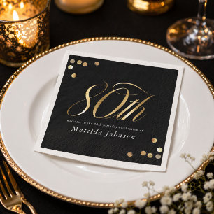 Elegant Black and Gold 80th Birthday Party Napkins