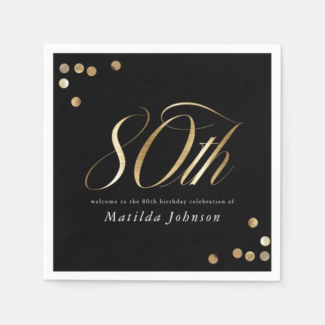 Elegant Black and Gold 80th Birthday Party Napkins (Front)