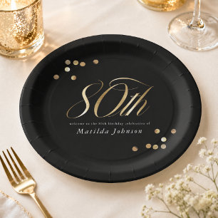 Elegant Black and Gold 80th Birthday Party Paper Plates