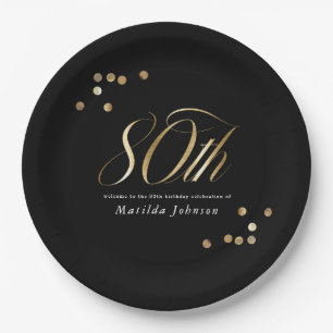 Elegant Black and Gold 80th Birthday Party Paper Plates
