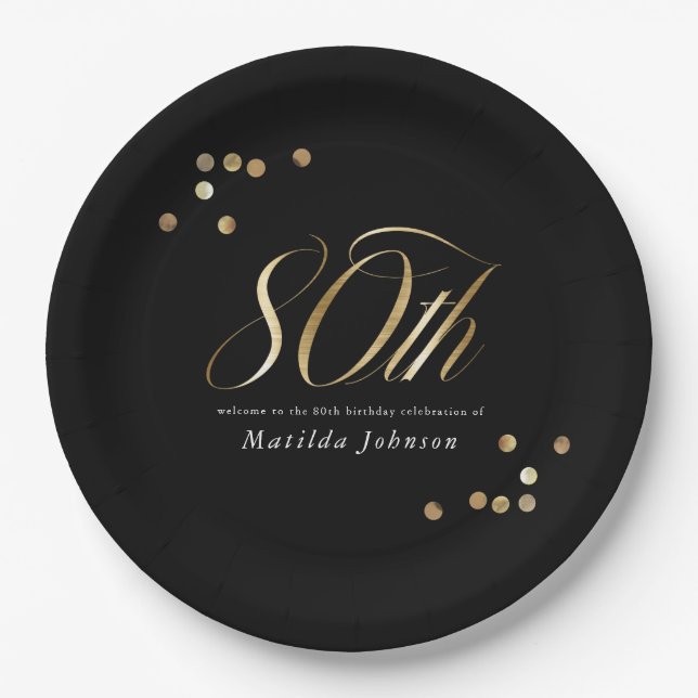Elegant Black and Gold 80th Birthday Party Paper Plates (Front)