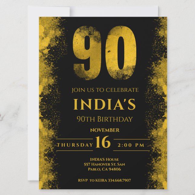 Elegant Black And Gold 90th Birthday Party Invitation (Front)