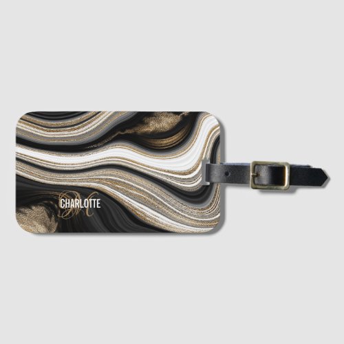 Elegant black and gold abstract monogram name lugg luggage tag
