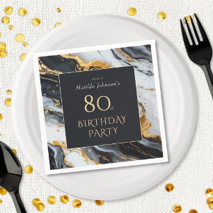 Elegant Black and Gold Agate 80th Birthday Party Napkins