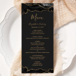 Elegant Black and Gold Agate Dark Wedding Menu<br><div class="desc">This elegant,  modern wedding menu features top and bottom borders of black watercolor agate trimmed with gold faux glitter. The text appears in elegant gold-colored handwriting,  italic and copperplate fonts on a slate black background. The agate design is repeated on the reverse.</div>