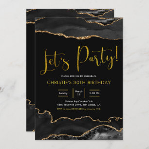 Elegant Black and Gold Agate Let's Party Invitation