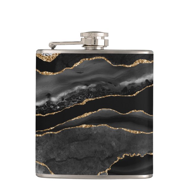 Elegant Black And Gold Agate Marble Flask (Front)