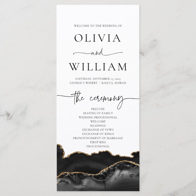 Elegant Black and Gold Agate Wedding Program (Front)