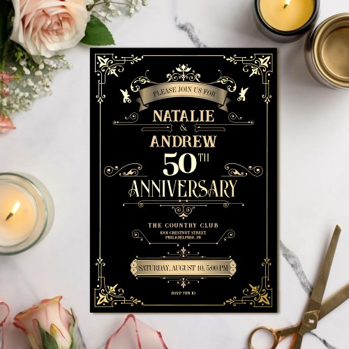 Elegant Black and Gold Anniversary Luxe Foil Foil Invitation