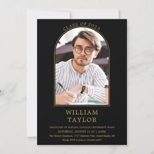 Elegant Black And Gold Arch Photo Graduation Party Invitation