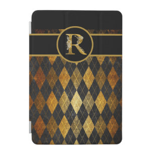 Elegant Black and Gold Argyle Design with Monogram iPad Mini Cover