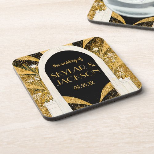 Elegant Black and Gold Art Deco Archway Wedding Beverage Coaster