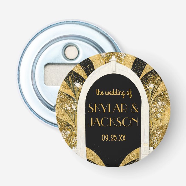 Elegant Black and Gold Art Deco Archway Wedding Bottle Opener (Front)