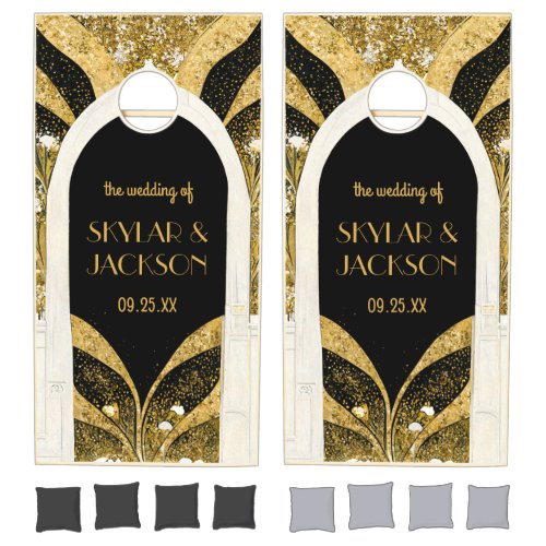 Elegant Black and Gold Art Deco Archway Wedding Cornhole Set