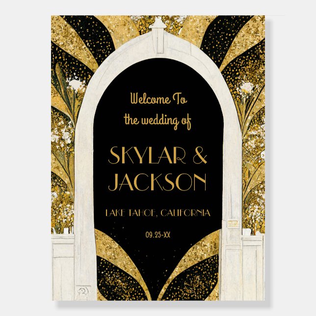 Elegant Black and Gold Art Deco Archway Wedding Foam Board (Front)