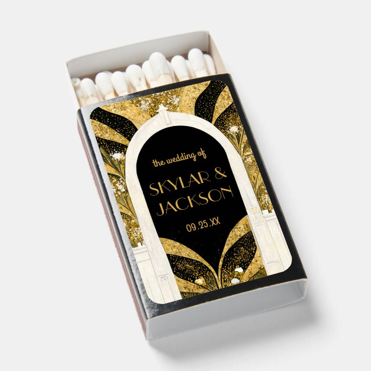 Elegant Black and Gold Art Deco Archway Wedding Matchboxes | Zazzle