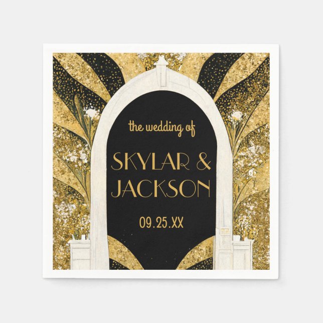 Elegant Black and Gold Art Deco Archway Wedding Napkins (Front)