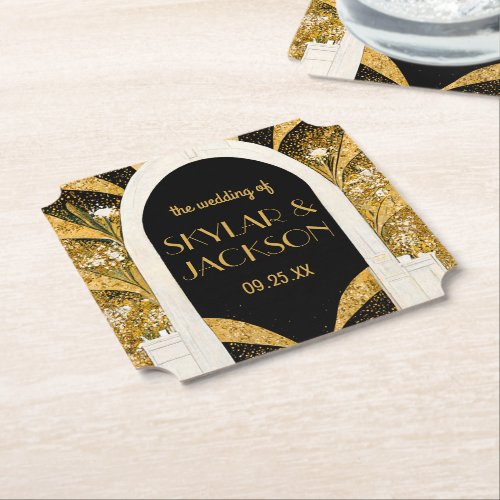 Elegant Black and Gold Art Deco Archway Wedding Paper Coaster