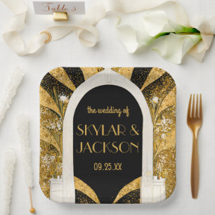 Elegant Black and Gold Art Deco Archway Wedding Paper Plates