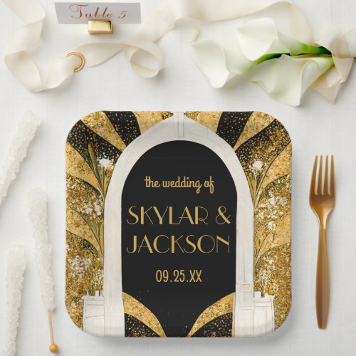 Elegant Black and Gold Art Deco Archway Wedding Paper Plates