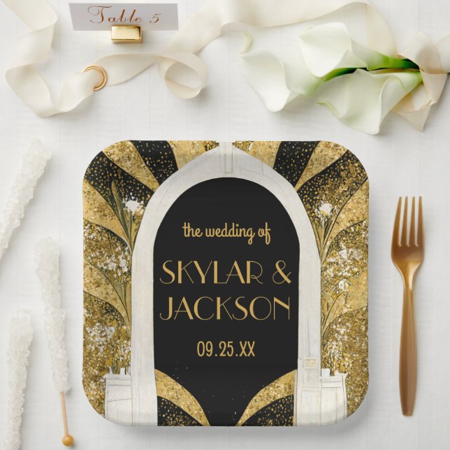 Elegant Black and Gold Art Deco Archway Wedding Paper Plates (Wedding)