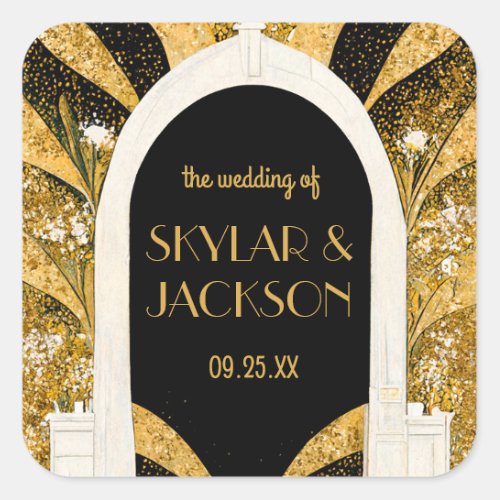 Elegant Black and Gold Art Deco Archway Wedding Square Sticker