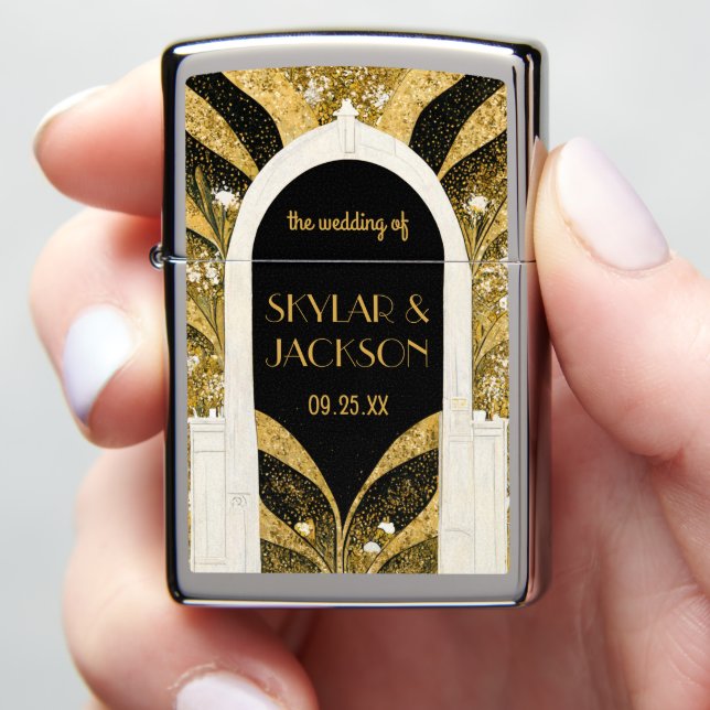 Elegant Black and Gold Art Deco Archway Wedding Zippo Lighter (In Hand)
