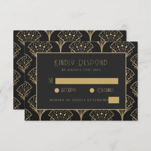 Elegant Black And Gold Art Deco Classic Wedding RSVP Card