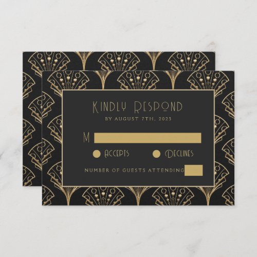 Elegant Black And Gold Art Deco Classic Wedding  RSVP Card